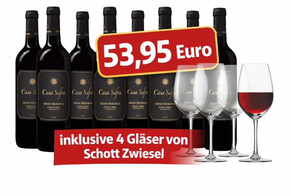 Casa Safra: 8 Flaschen & 4 Gläser für 53,95 Euro