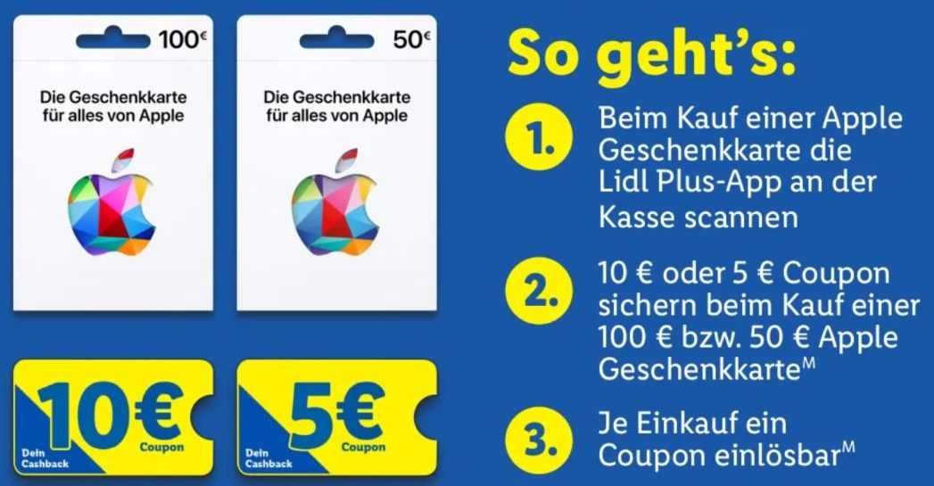 Lidl: Cashback von bis zu 15 Euro beim Kauf von Apple-Guthabenkarten