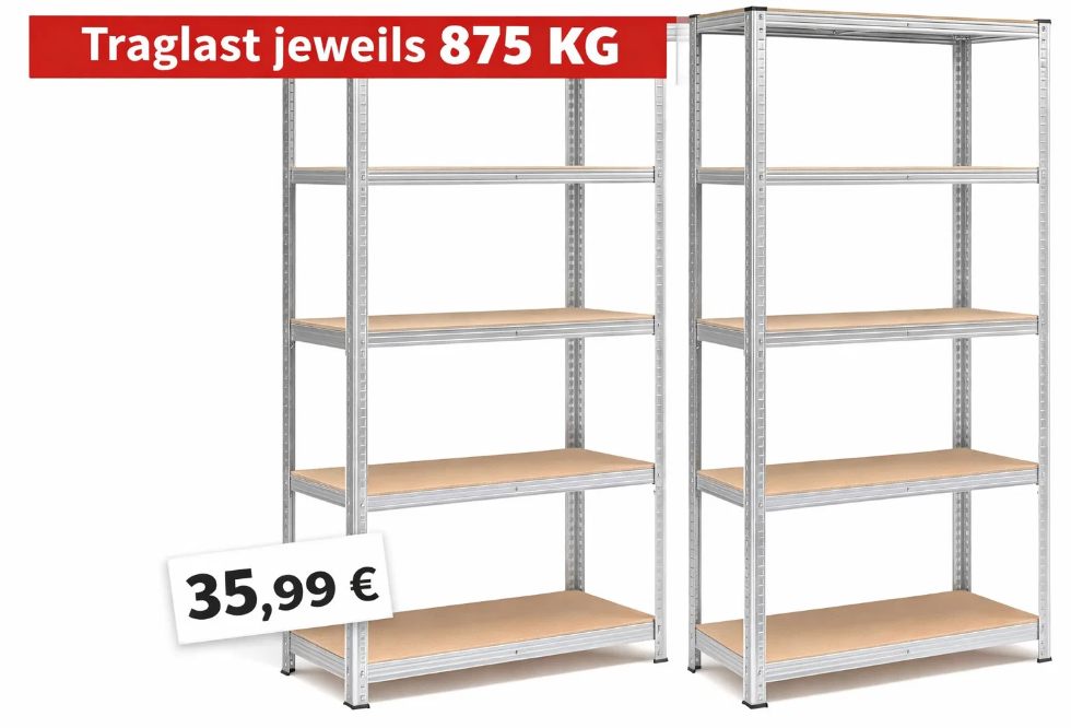 Amazon: Schwerlastregal im Doppelpack für 35,99 Euro