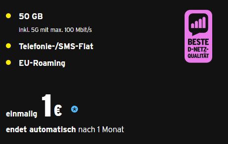 Knaller: 1 Monat 50 GByte 5G-Daten für 1 Euro mit automatischem Ende