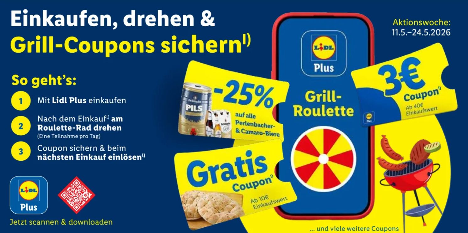 Lidl Plus: Grillroulette mit täglich neuen Coupons