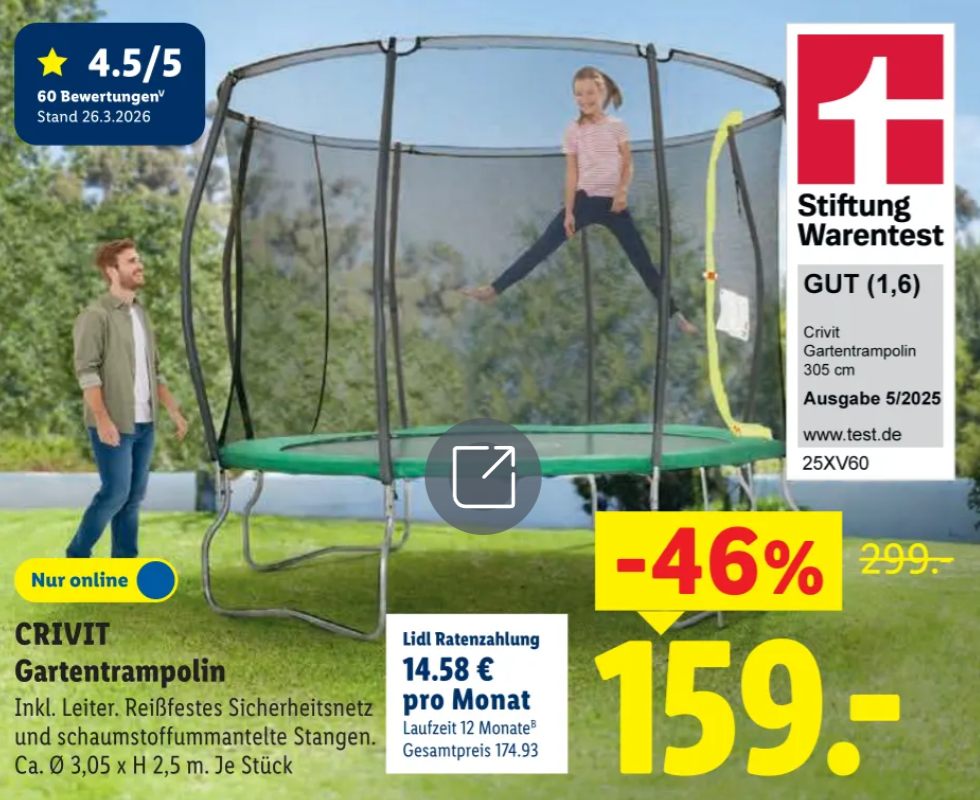 Lidl: Trampolin mit Note 1,6 bei "Stiftung Warentest" für 159 Euro