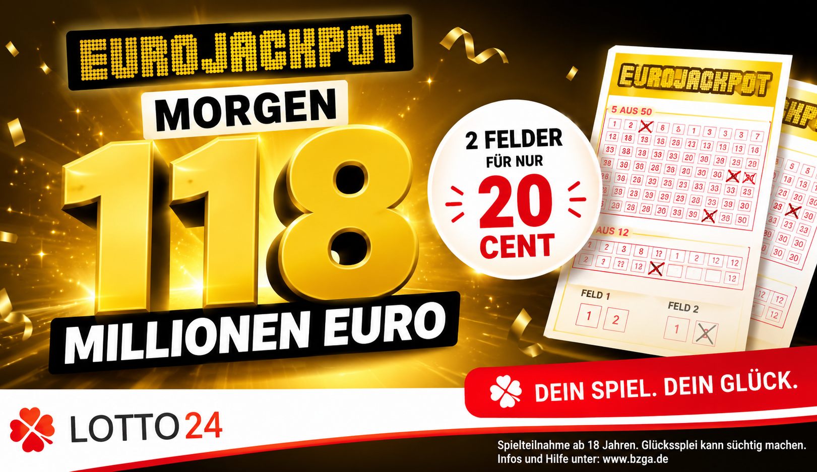 Euro Jackpot: Jetzt für 10 Cent pro Feld um 118 Millionen Euro mitspielen