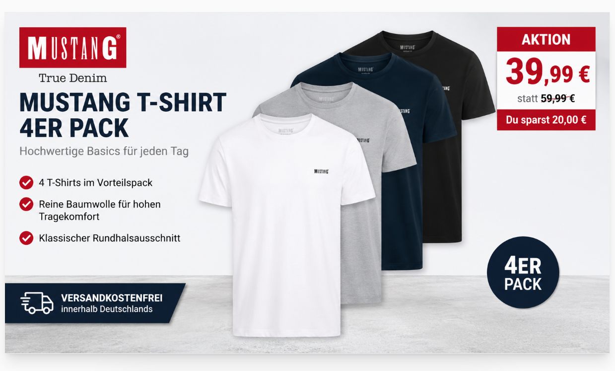 Mustang: T-Shirts im Viererpack für 39,99 Euro