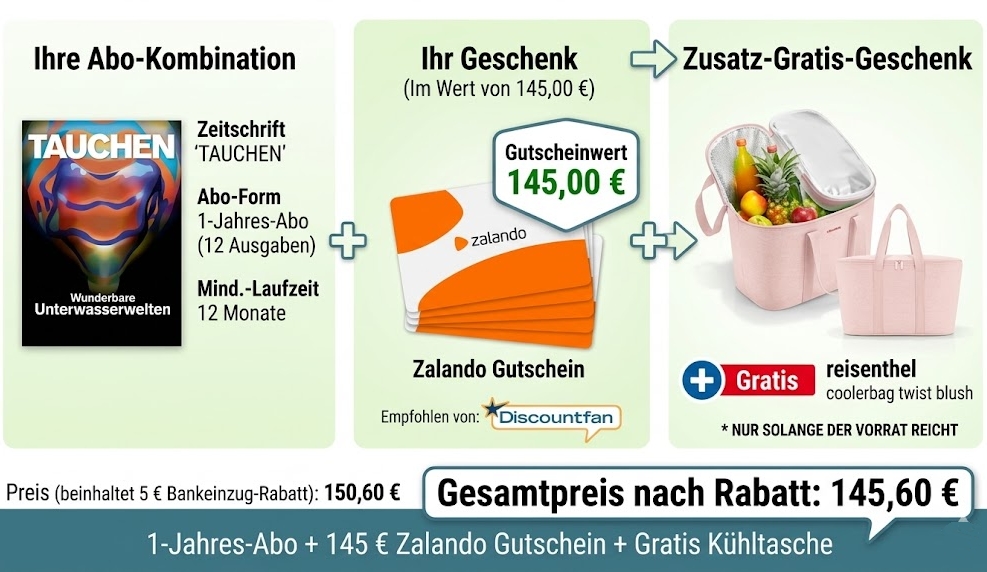 Tauchen: Jahresabo für 145,60 Euro mit Gutschein über 145 Euro und Kühltasche