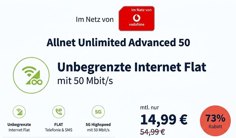 Vodafone-Netz: Unlimited-Flat (5G) für 14,99 Euro im Monat