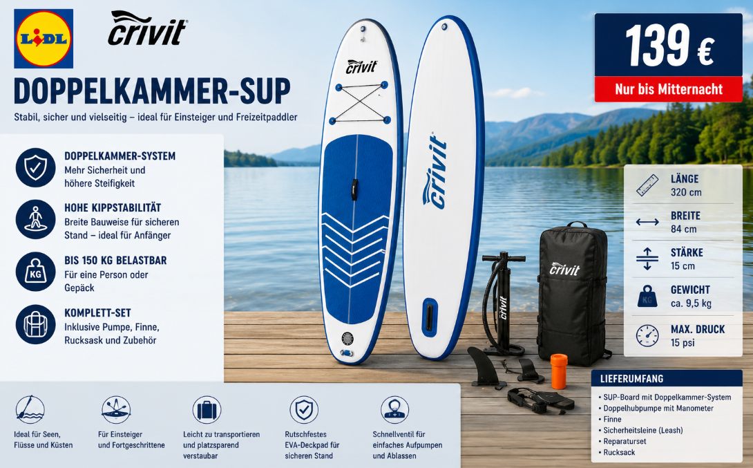 Lidl Plus: Doppelkammer-SUP bis Mitternacht für 139 Euro