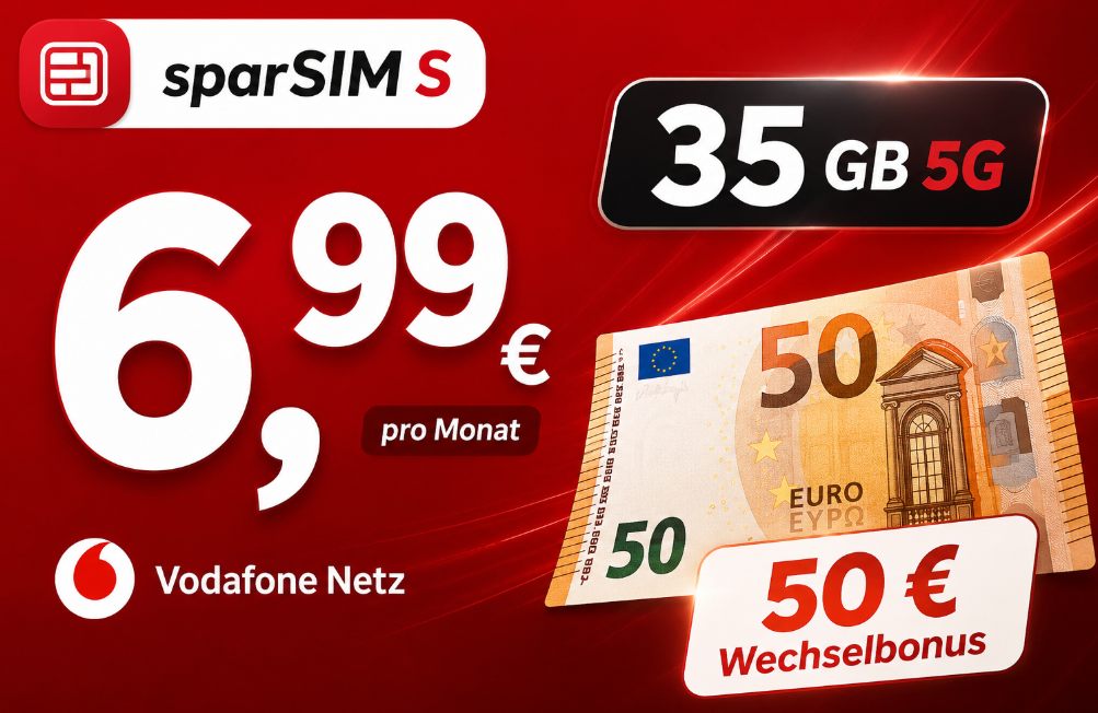 Sparsim: WM-Tarif mit 35 GByte 5G und 50 Euro Bonus für 6,99 Euro