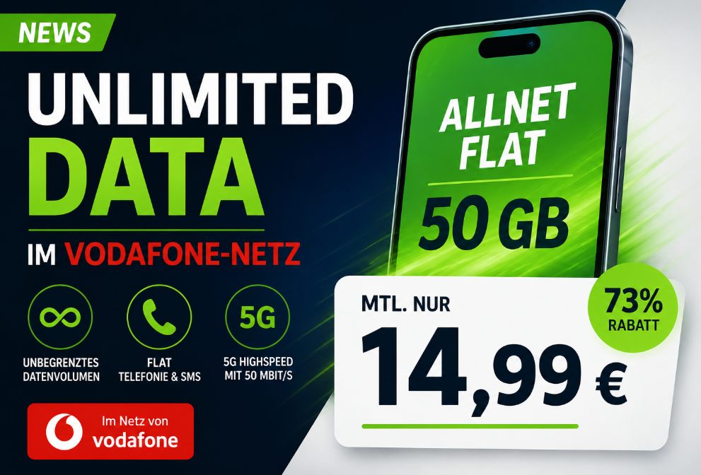 Vodafone-Netz: Unlimited Data mit Allnet-Flat für 14,99 Euro / Monat