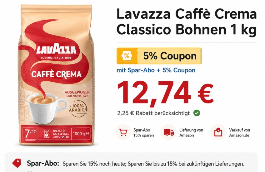 Amazon: "Lavazza Caffè Crema Classico" für 12,74 Euro im Sparabo