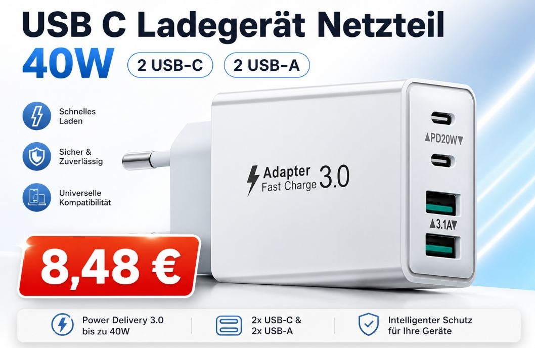 Bestseller: USB-C-Ladegerät mit 40 Watt und 4 Ports für 8,48 Euro