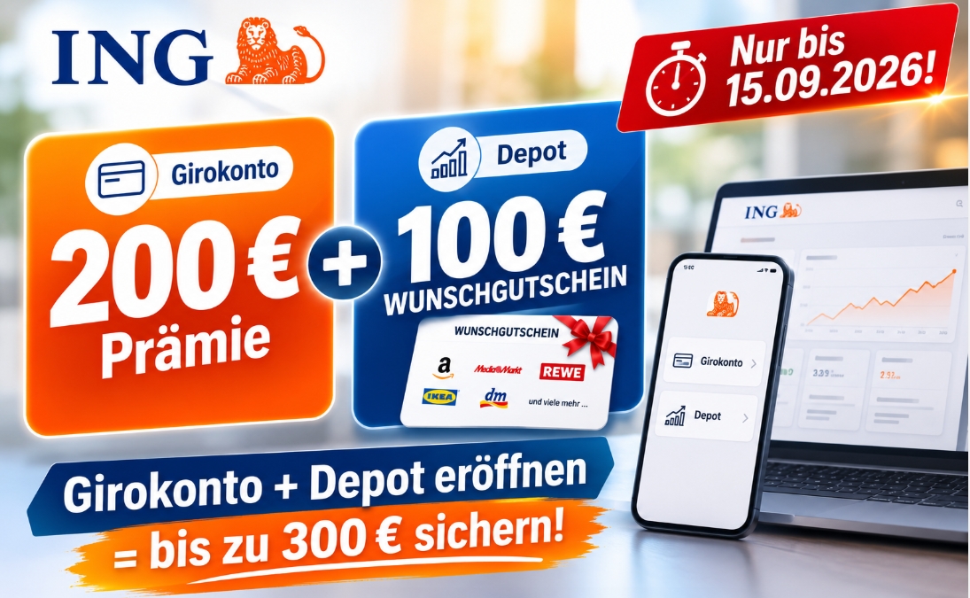 ING: 300 Euro Prämie für Girokonto und Depot kombiniert
