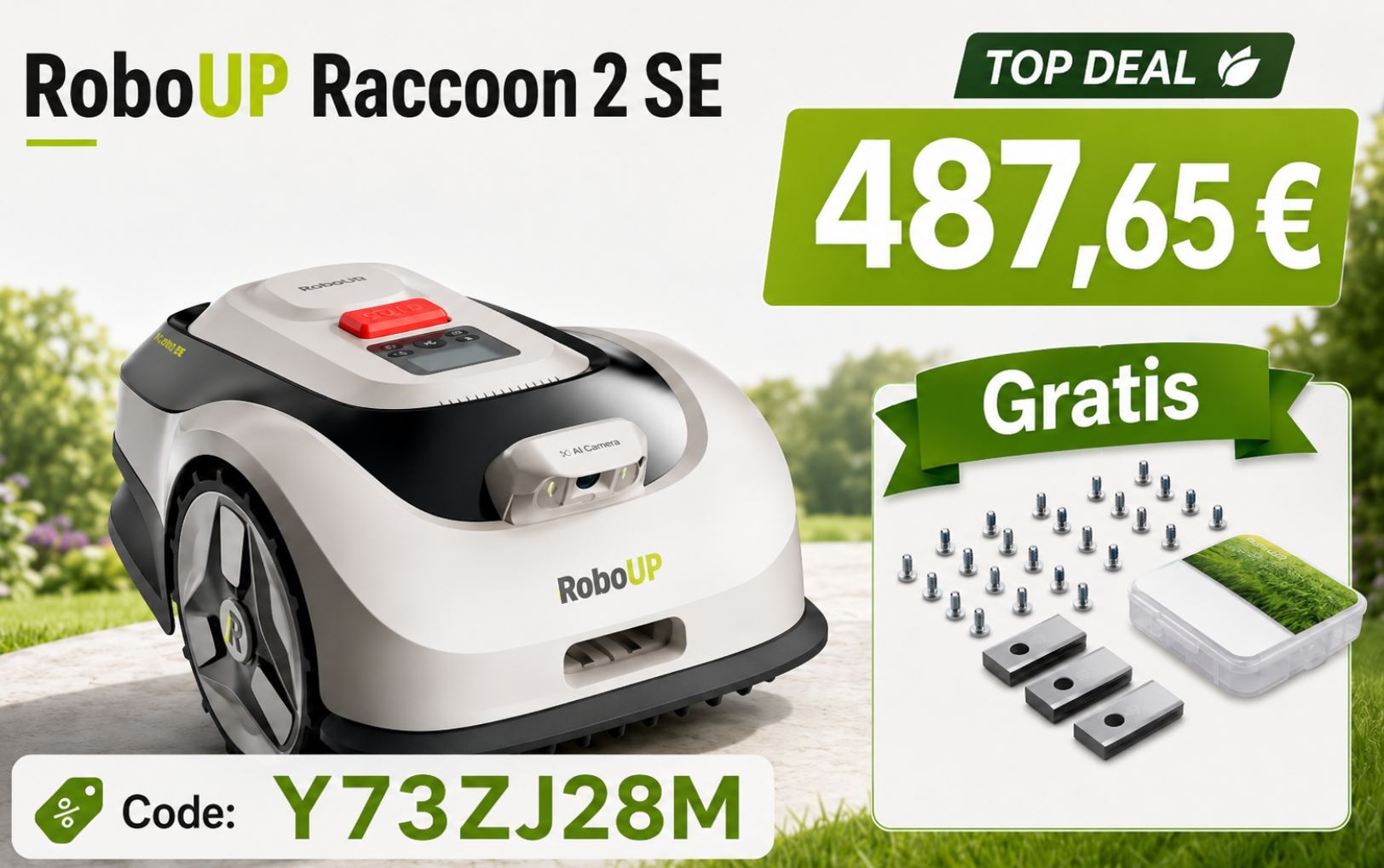 Mähroboter: "Roboup Raccoon 2 SE" mit Klingenset für 487,65 Euro