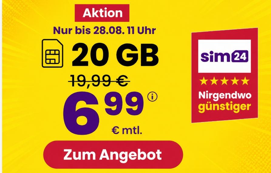 SIM24: 20 GByte 5G-Daten mit Allnet-Flat für 6,99 Euro
