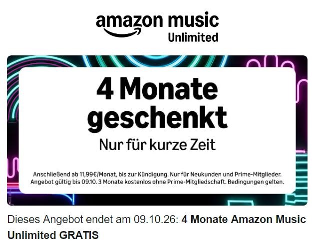 Gratis: Amazon Music Unlimited für 4 Monate zum Nulltarif