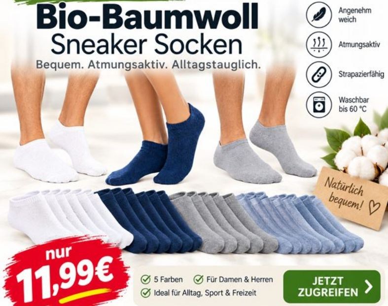 Outlet46: 30 Paar Bio-Baumwoll-Socken für 11,99 Euro