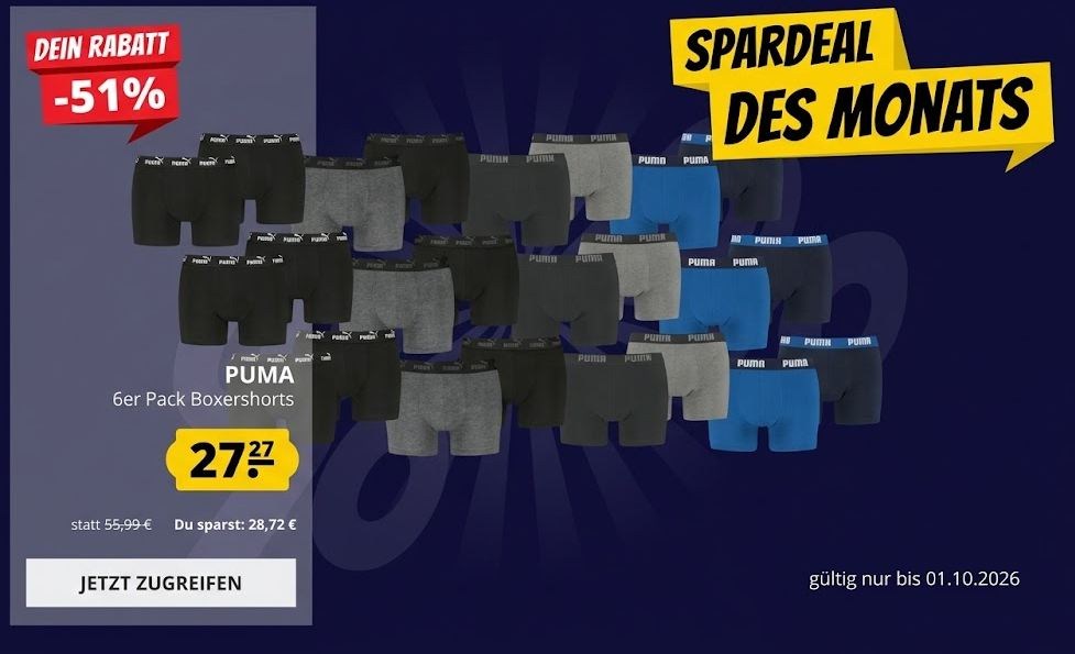 Puma: Boxershorts im 6er-Pack für 27,77 Euro