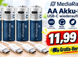 Ebay: Viererpack AA-Akkus mit USB-C-Ladung für 11,99 Euro frei Haus