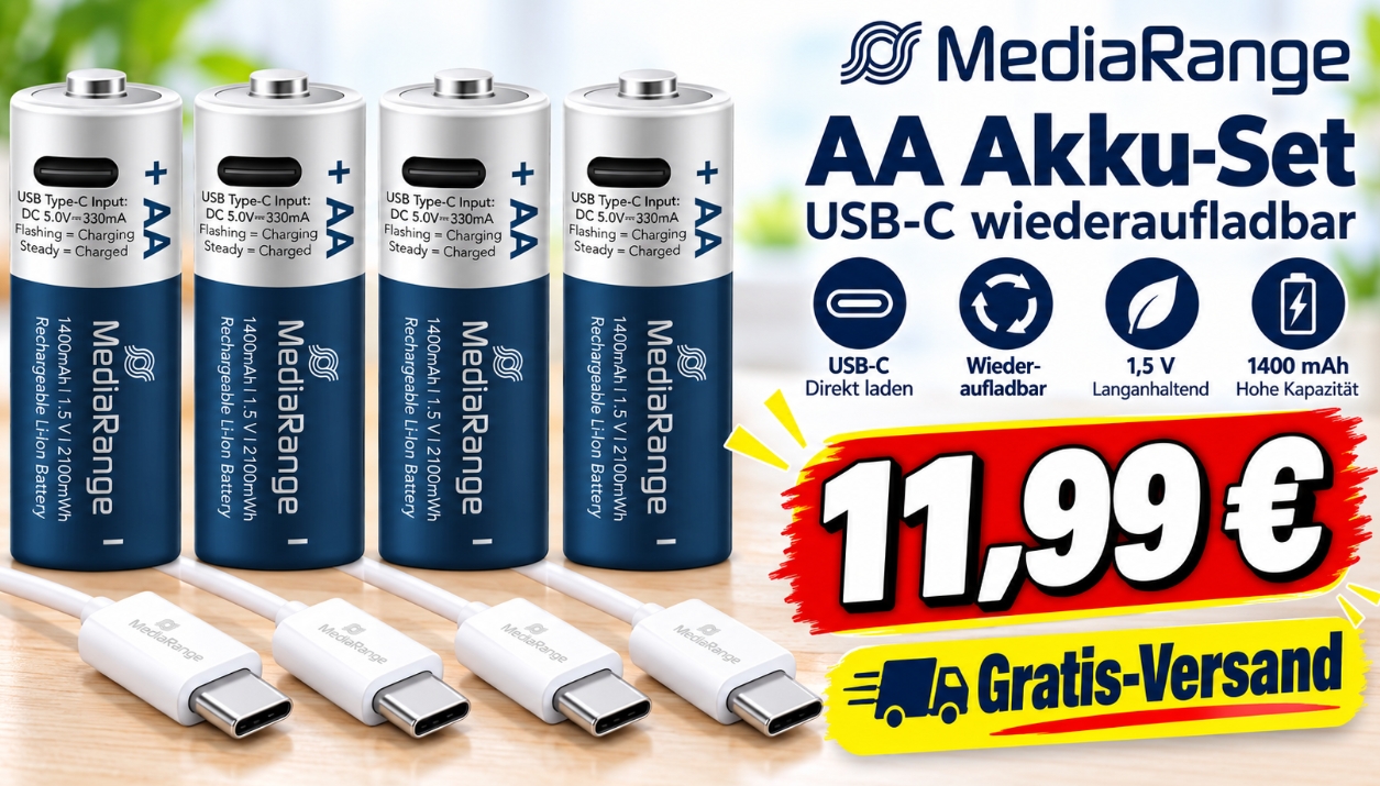 Ebay: Viererpack AA-Akkus mit USB-C-Ladung für 11,99 Euro frei Haus