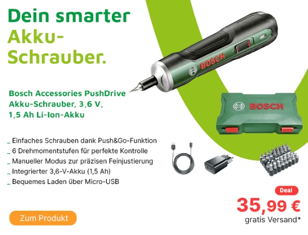 Völkner: Akku-Schrauber Bosch PushDrive für 35,99 Euro frei Haus