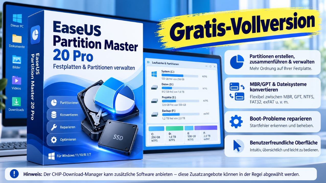 Gratis: "EaseUS Partition Master 20 Pro" zum kostenlosen Download