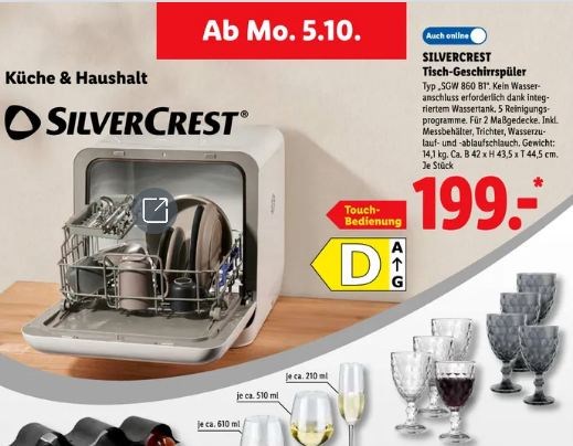 Lidl: Mini-Geschirrspüler mit Wassertank für 199 Euro