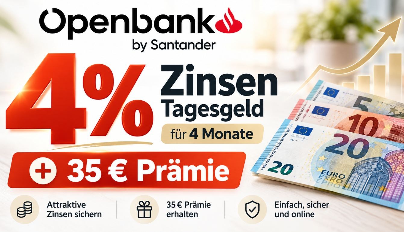 Tagesgeld: 4 Prozent Zins bei Openbank und 35 Euro Prämie