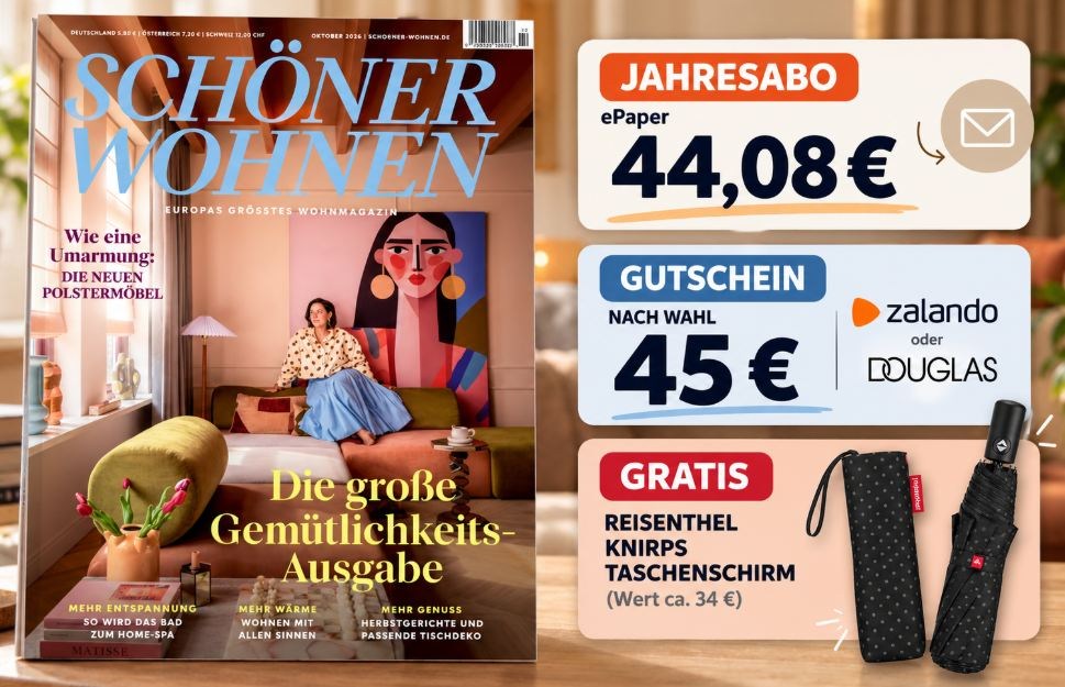 ePaper: "Schöner Wohnen" für ein Jahr mit Gratis-Schirm und Gutschein