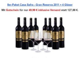 Weinvorteil: Goldprämierter "Casa Safra" aus 2011 mit Schott-Zwiesel-Gläsern für 49,99 Euro