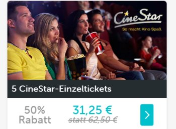 Dailydeal: Fünferpack Kinotickets von Cinestar für 31,25 Euro
