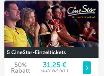 Dailydeal: Fünferpack Kinotickets von Cinestar für 31,25 Euro 