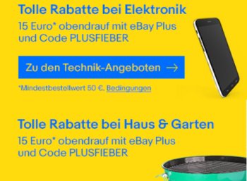 Ebay: 15 Euro Rabatt ab 50 Euro Warenwert für Plus-Kunden