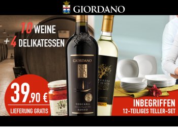 Giordano: Weinpaket mit 12 Tellern und 4 Delikatessen für 39,90 Euro