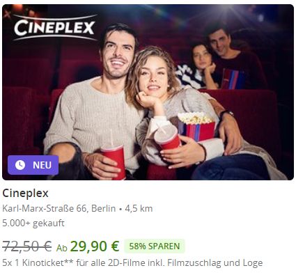 Groupon: 5er-Pack Kinotickets bei Cineplex für 29,90 Euro