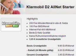 Klarmobil: D2 AllNet Starter mit 200 Minuten, 100 SMS und 400 MByte für 3,95 Euro