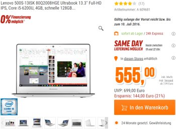 Ultrabook: Lenovo 500S-13ISK mit IPS-Display und 128 GByte SSD für 555 Euro