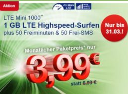 LTE Mini 1000: Für 3,99 Euro monatlich kündbar ein GByte, 50 Minuten und SMS