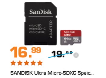 Saturn: Sandisk Ultra Micro-SDXC Speicherkarte mit 64 GByte für 16,99 Euro