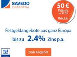 Savedo: Festgeld mit 1,8 Prozent Zins und 50 – 100 Euro Werbeprämie