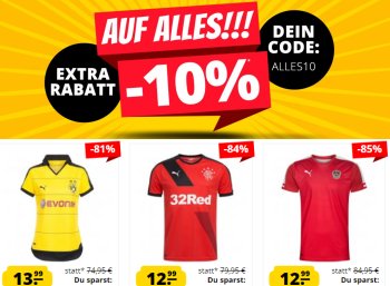 Sportspar: Fußball-Trikots ab 7,99 Euro mit 10 Prozent Extra-Rabatt Sportspar: Fußball-Trikots ab 7,99 Euro mit 10 Prozent Extra-Rabatt