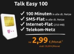 Talk Easy 100: SMS-Flat, 100 Freiminuten und Internet-Flat für 2,99 Euro
