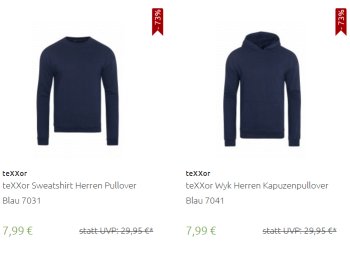 Texxor: Hooedies und Pullover aus 100 Prozent Baumwolle für 7,99 Euro